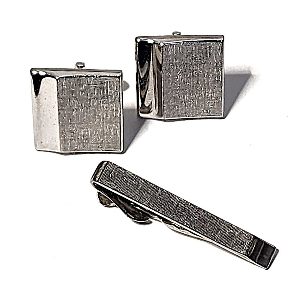 Swank silver square cufflinks & tie bar